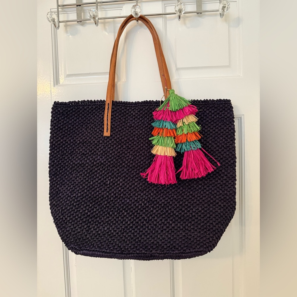 Mar Y Sol Navy Blue Handmade Raffia Bag Removable Tassels Leather Straps NWOT
